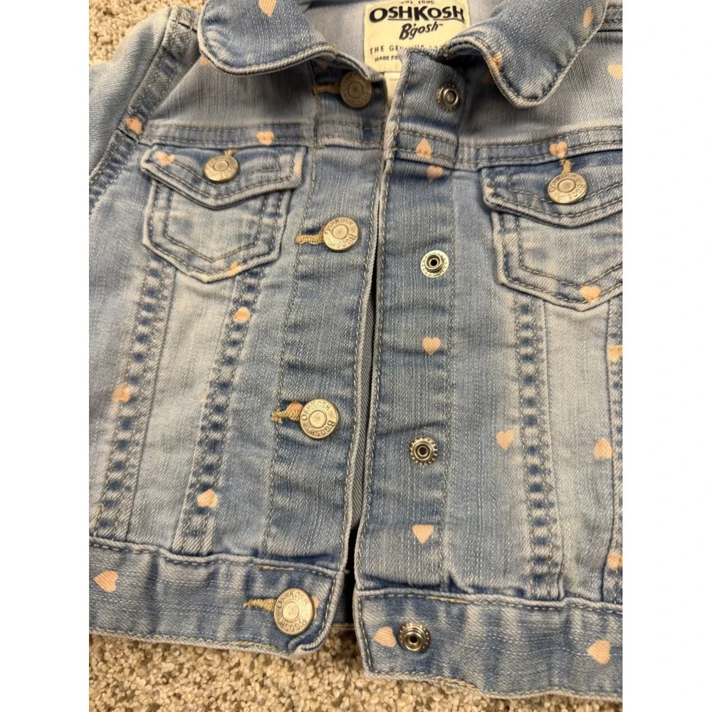 OshKosh B'gosh Denim Jacket Kids 18M Light Blue Excellent Heart Print Snap Front